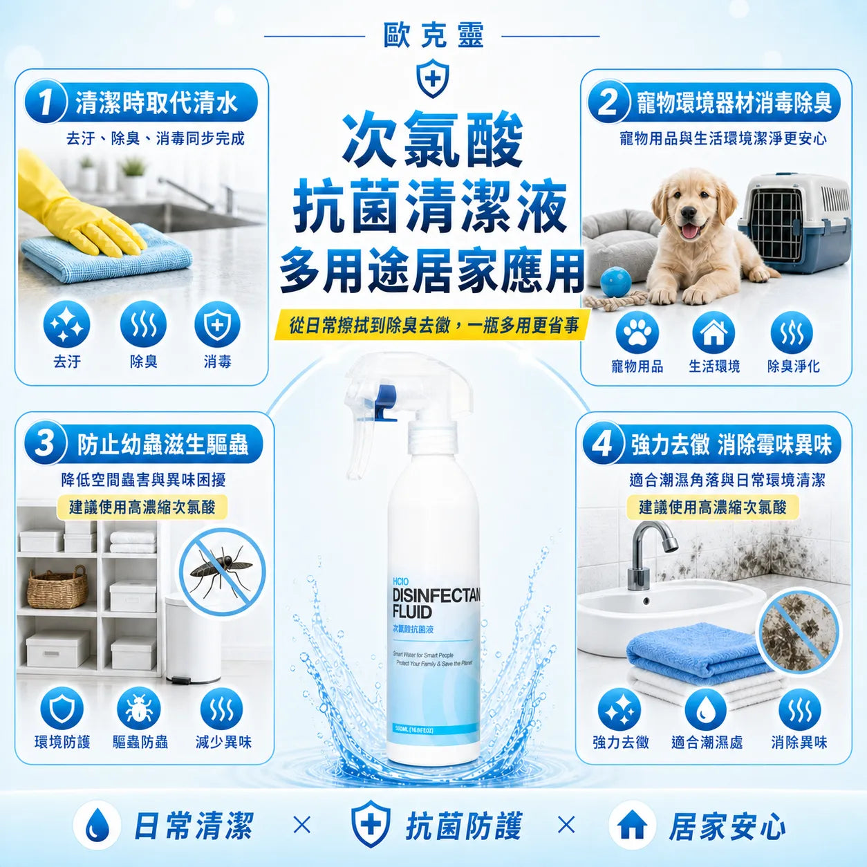 歐克靈次氯酸抗菌清潔液300ml居家噴瓶