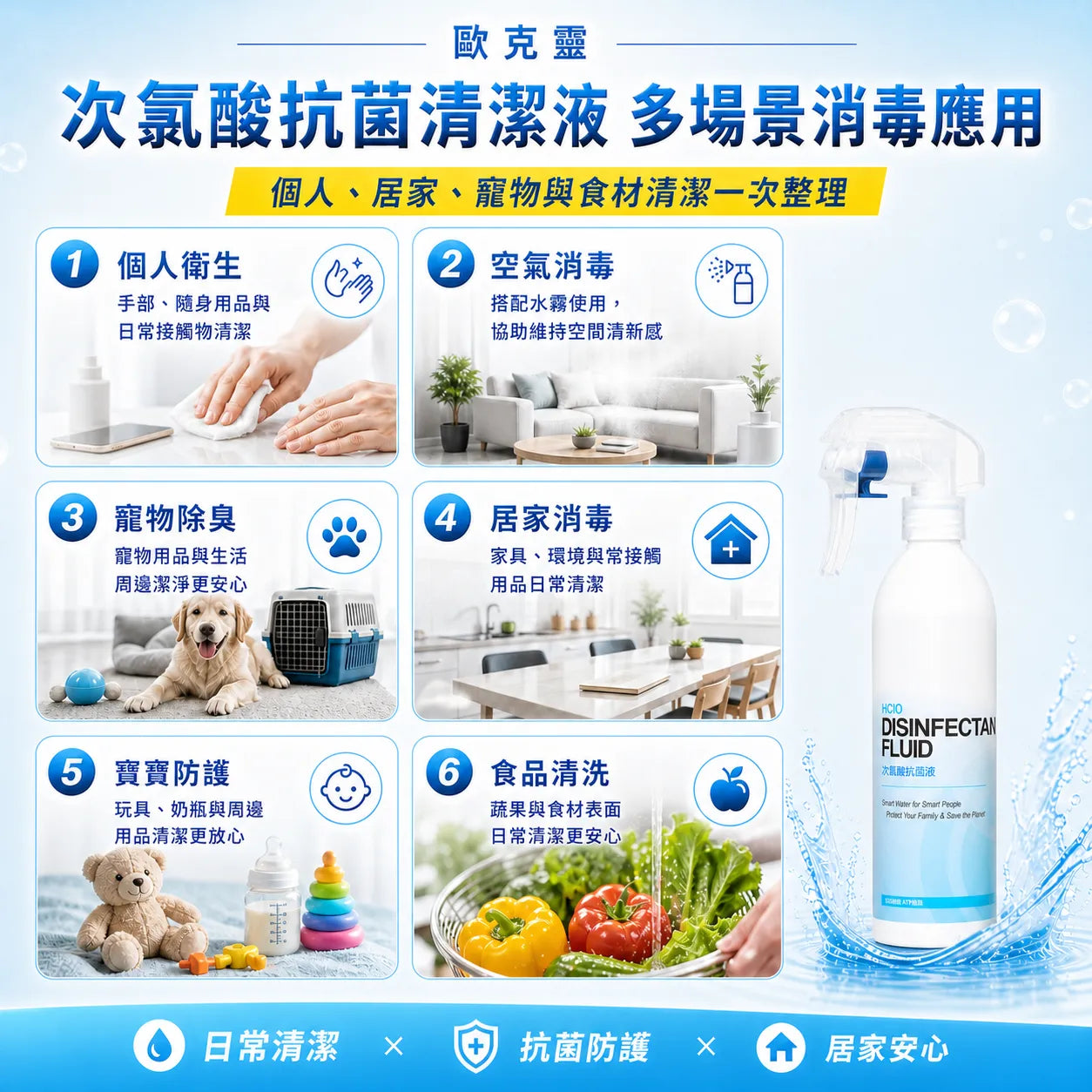歐克靈次氯酸抗菌清潔液300ml居家噴瓶