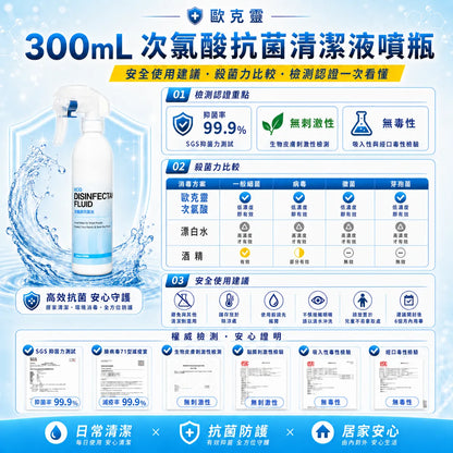 歐克靈次氯酸抗菌清潔液300ml居家噴瓶